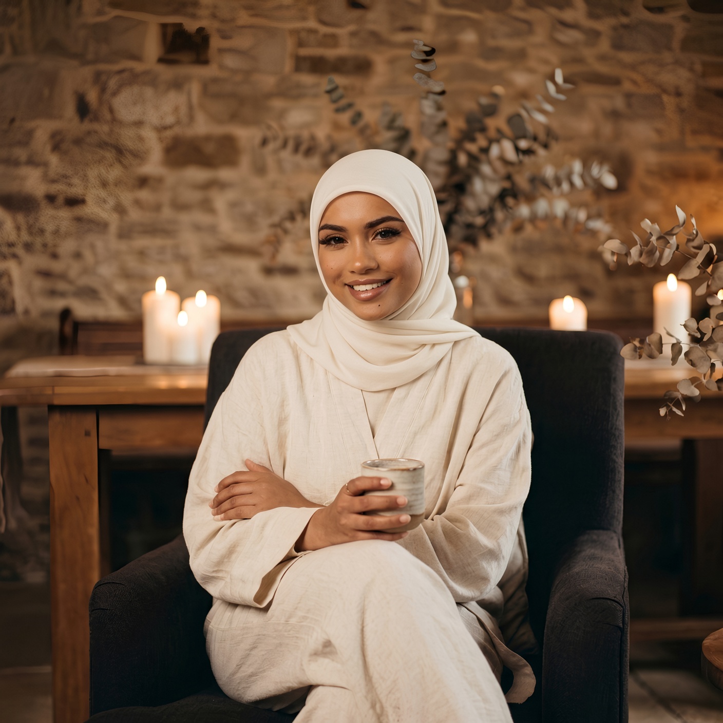 Halima Yasmin, founder of haloe, seated with a cup of tea in a candlelit room